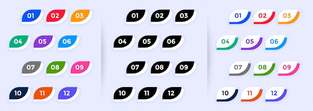 Números de puntos de viñeta de estilo de botón moderno del uno al doce