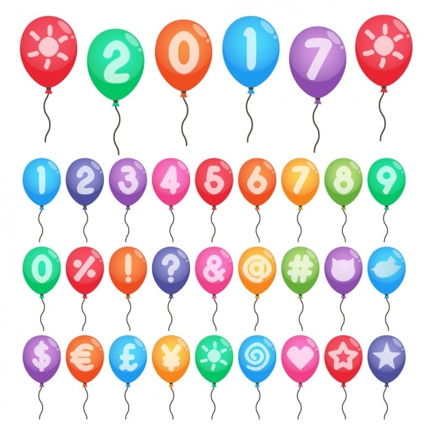 Números y símbolos de colores en globos