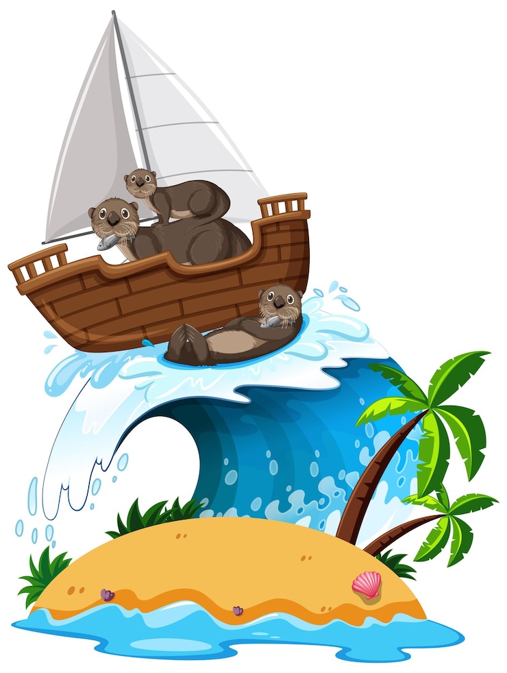 Vector gratuito nutrias en velero con ola oceánica
