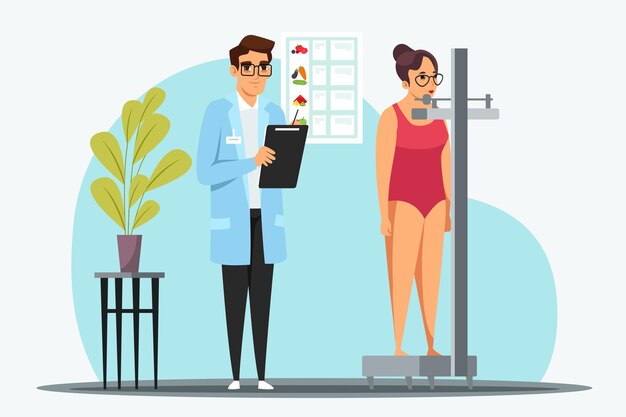 Nutricionista mide el peso del paciente en básculas médicas mujer cliente en la cita con el dietista en la clínica Ilustración de la estrategia de pérdida de peso índice de masa corporal estilo de vida saludable