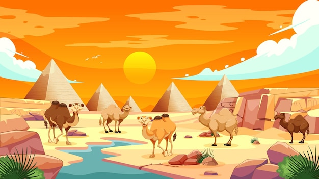 Vector gratuito oasis del desierto con camellos y pirámides