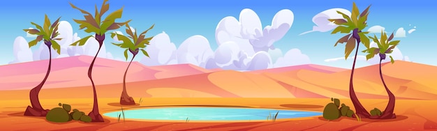 Vector gratuito oasis en el desierto de egipto con fondo de paisaje de estanque y palmeras cielo nuboso y colinas de arena vacías telón de fondo del sahara de dibujos animados ilustración panorámica de espejismo africano con agua de lago y ambiente de sequía