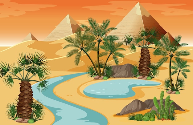 Vector gratuito oasis en el desierto con escena de paisaje de naturaleza piramidal