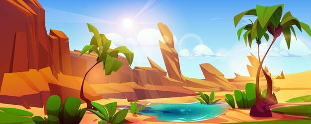 Oasis en el desierto y fondo de paisaje de palmeras. Terreno de rocas en el sahara con espejismo de agua. Panorama de viaje africano con plantas tropicales y tierras de sequía. Ilustración de viaje panorámico.