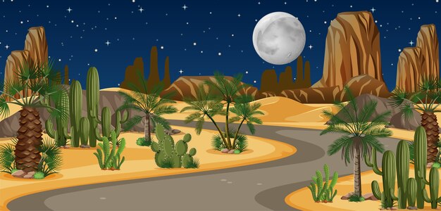 Oasis del desierto con paisaje de camino largo en la escena nocturna