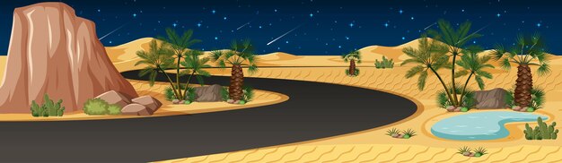 Oasis del desierto con paisaje de camino largo en la escena nocturna