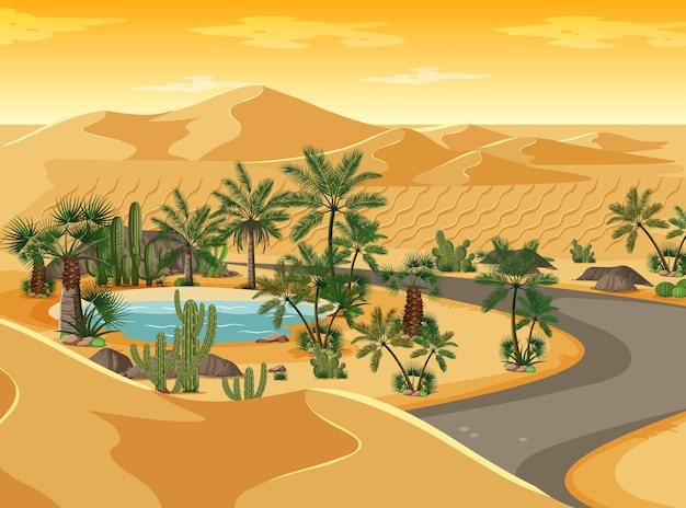 Vector gratuito oasis en el desierto con paisaje de camino largo