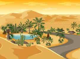 Vector gratuito oasis en el desierto con paisaje de camino largo