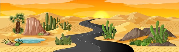 Oasis en el desierto con paisaje de camino largo