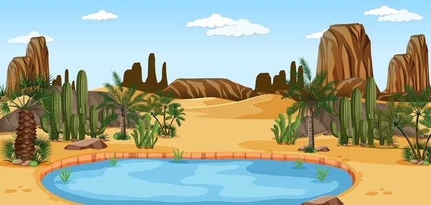 Oasis en el desierto con palmeras y cactus.