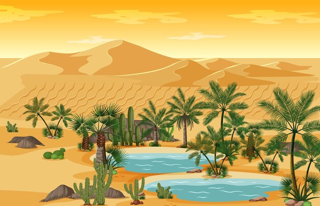 Oasis en el desierto con palmeras y escena de paisaje natural de catus