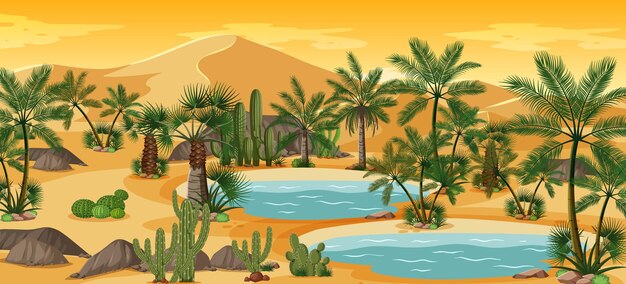 Oasis en el desierto con palmeras y escena de paisaje natural de catus