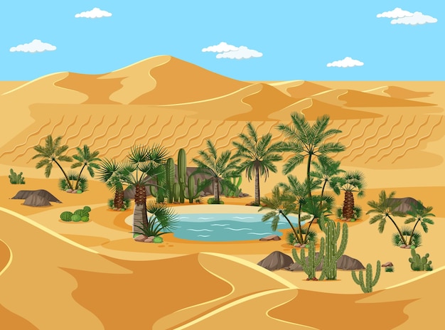 Oasis en el desierto con palmeras y escena de paisaje natural de catus