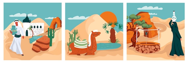 Oasis en el desierto plano con mujeres árabes que llevan agua y camello acostado cerca del agua ilustración vectorial aislada
