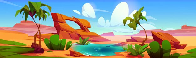 Oasis de lago de agua en el desierto de dubai con fondo de dibujos animados de palmera Panorama de sequía árabe con estanque y planta en paisaje de vector de verano Entorno de naturaleza tropical salvaje para espejismo de juego