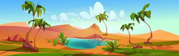 Oasis con palmeras y lago en el desierto Paisaje de verano con dunas de arena agua plantas verdes y pasto Panorama de la naturaleza con oasis en el desierto ilustración de dibujos animados vectoriales