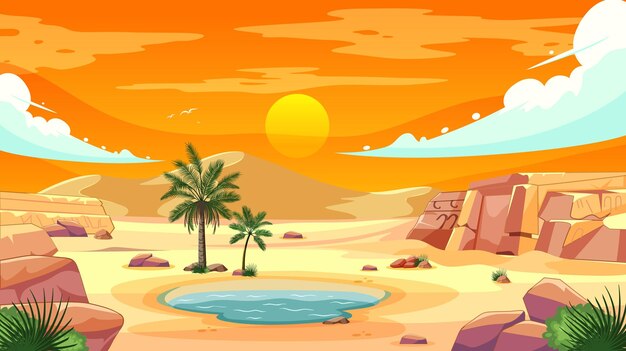 Oasis sereno en el desierto al atardecer