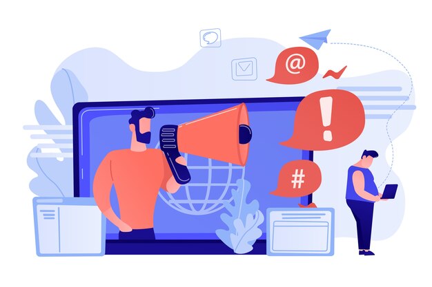 Objetivo individual con computadora portátil atacado en línea por usuario con megáfono. Vergüenza por Internet, acoso en línea, concepto de acción de delito cibernético. Ilustración aislada de bluevector coral rosado