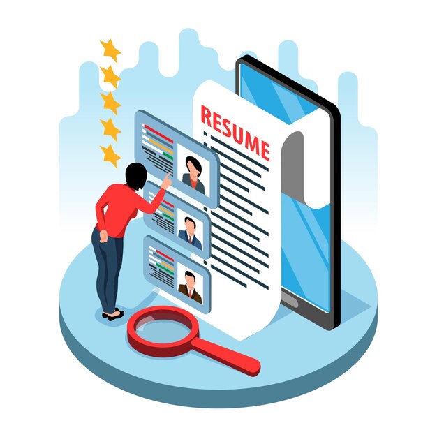 Objeto aislado de vacante de trabajo con gerente de recursos humanos femenino que estudia el currículum de los candidatos para la ilustración de vector de posición vacante