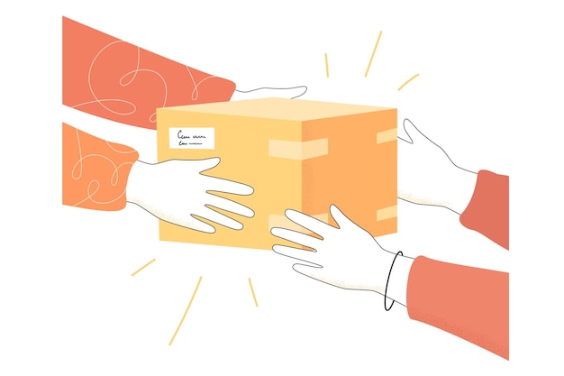 El objeto en la caja de cartón pasó de las manos de los clientes a las manos de los clientes sobre fondo blanco. Mensajero que entrega la caja de regalo a la ilustración de vector plano del cliente. Entrega rápida, concepto de transporte.