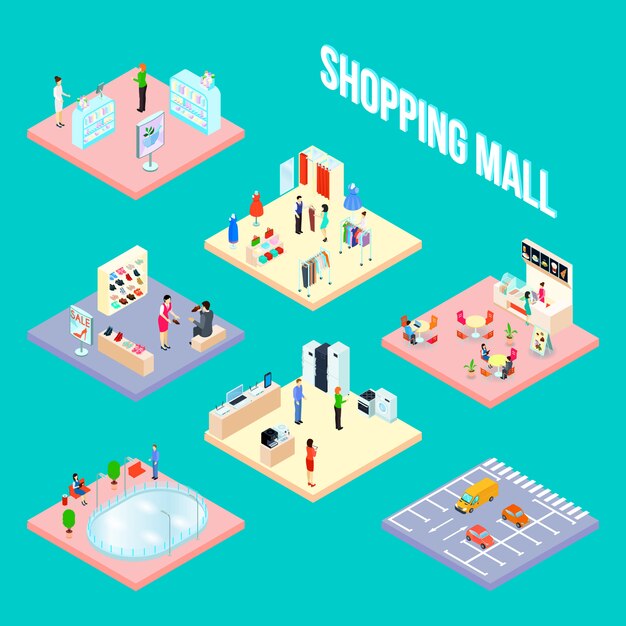 Objeto conjunto de centro comercial isométrico con algunas muestras de elementos interiores de tiendas, ilustración vectorial