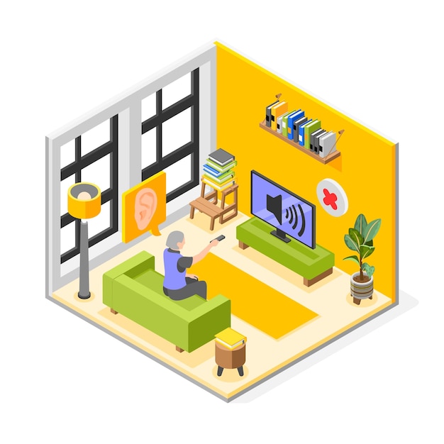 Objeto isométrico de problemas sordos con anciana ajustando el volumen del sonido de la televisión a plena potencia ilustración vectorial aislada