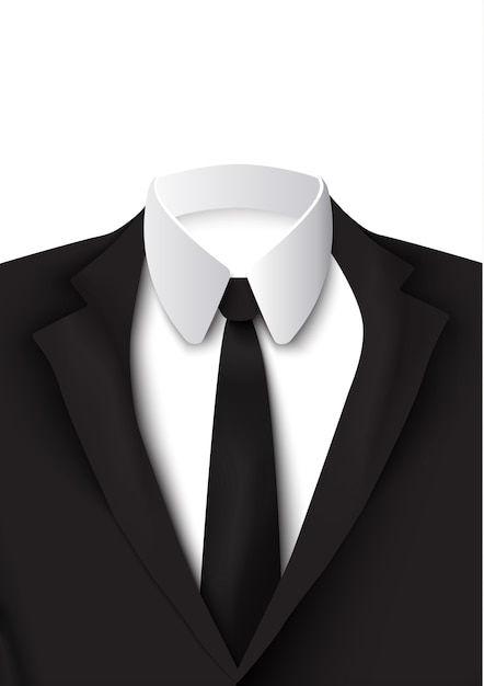 Vector gratuito objeto de traje negro realista sobre el blanco con camisa de algodón, corbata estricta y elegante de color como chaqueta aislada