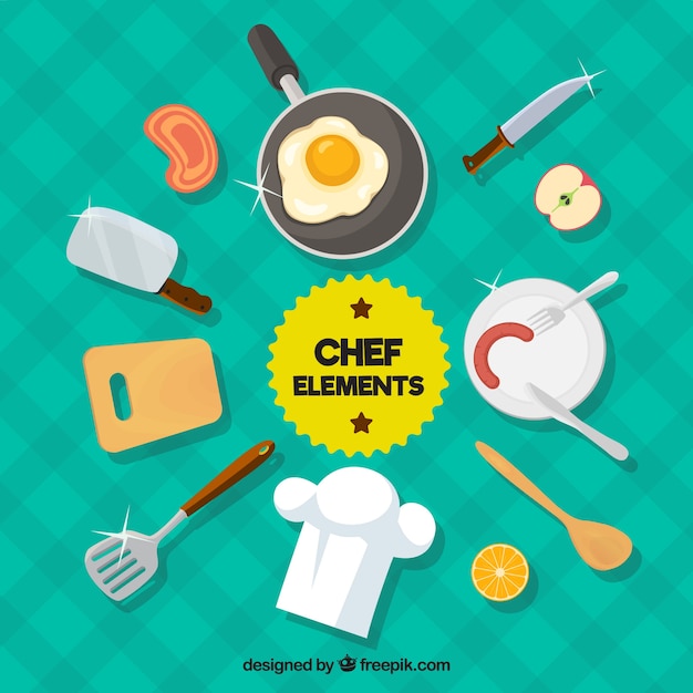 Objetos de chef fantásticos en diseño plano
