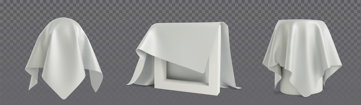 Vector gratuito objetos cubiertos en 3d bajo cortinas de tela blanca