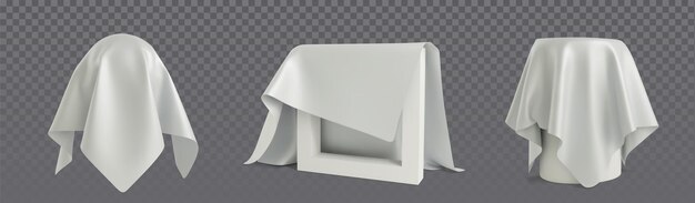 Objetos cubiertos en 3d bajo cortinas de tela blanca
