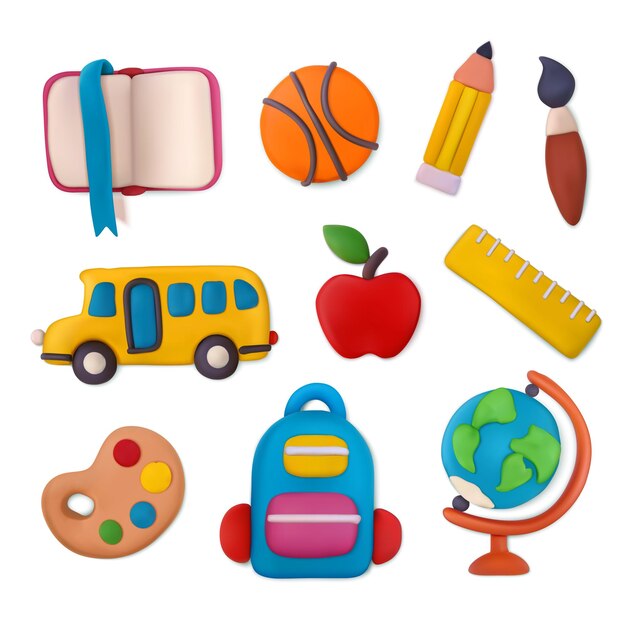 Objetos escolares de plastilina con símbolos educativos ilustración vectorial aislada