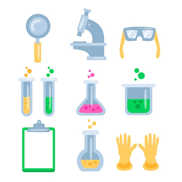Objetos de laboratorio de ciencias aislados sobre fondo blanco.