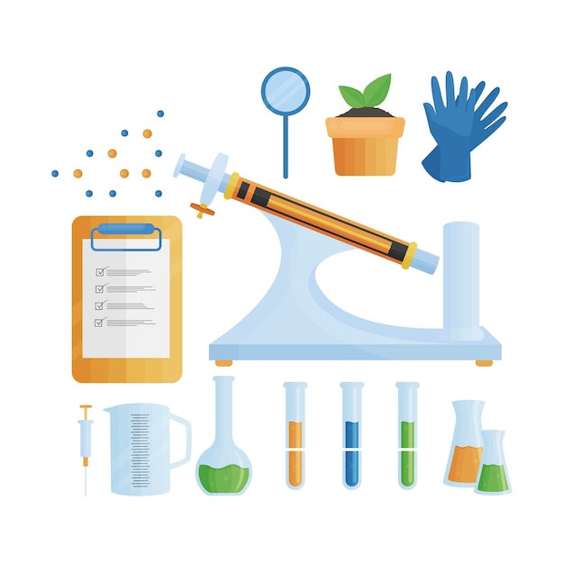 Objetos de laboratorio de ciencias y bloc de notas