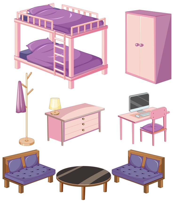 Vector gratuito objetos de muebles de dormitorio aislado sobre fondo blanco.