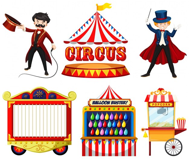 Objetos temáticos de circo con mago, carpa, jaula, juegos y puesto de comida