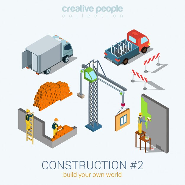 Objetos de vehículo de transporte de construcción conjunto ilustración isométrica Van ladrillos grúa bloque de ventana pintor trabajador personal hacer pared
