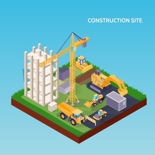 Obra de construcción isométrica con maquinaria