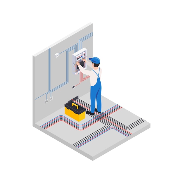 Vector gratuito obras de reparación de renovación composición isométrica con personaje masculino de electricista instalando nuevo cableado