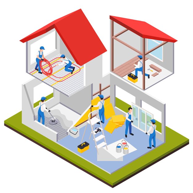 Obras de reparación de renovación composición isométrica con vista de habitaciones de la casa bajo mantenimiento pesado con ilustración de personajes humanos