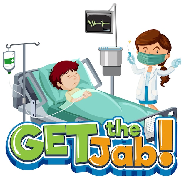 Vector gratuito obtenga el banner de fuente jab con el personaje de dibujos animados del paciente y el médico