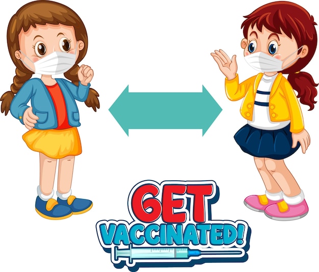 Vector gratuito obtenga la fuente vacunated en estilo de dibujos animados con dos niños manteniendo la distancia social aislada sobre fondo blanco