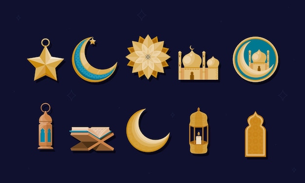 Vector gratuito ocho iconos de celebración musulmana de ramadán