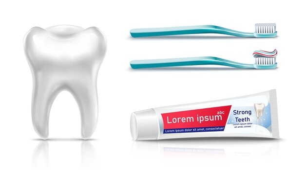 Odontología con dientes blancos, pasta de dientes y cepillos de dientes aislados