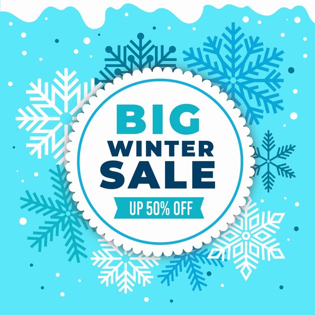 Oferta de venta de invierno de diseño plano con copos de nieve.