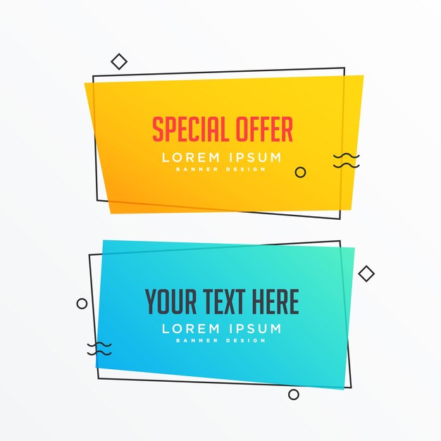 ofertas y venta de banners geométricos en estilo memphis
