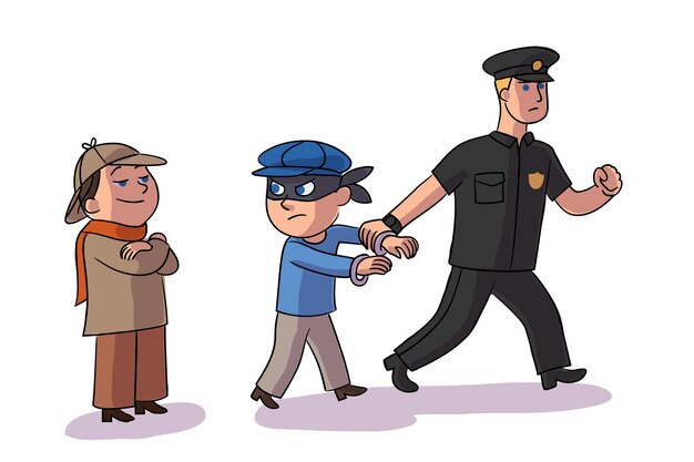 Un oficial de policía detuvo a un adolescente matón enmascarado Detective boy con traje de Sherlock Holmes de pie y sonriendo