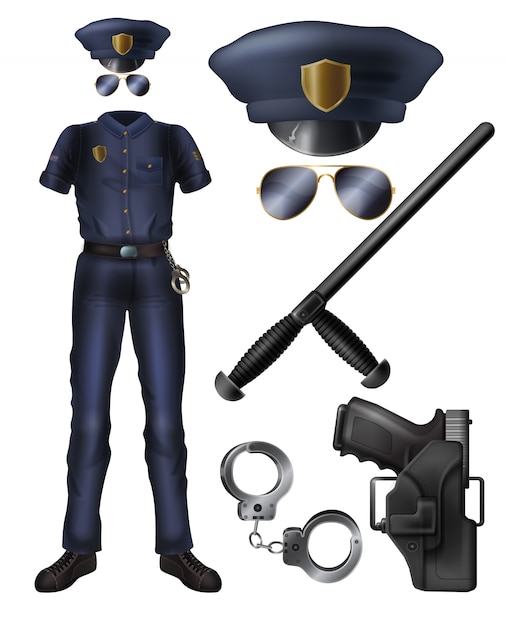 Oficial de policía o servicio de seguridad guardia uniforme, arma, accesorios conjunto de dibujos animados.