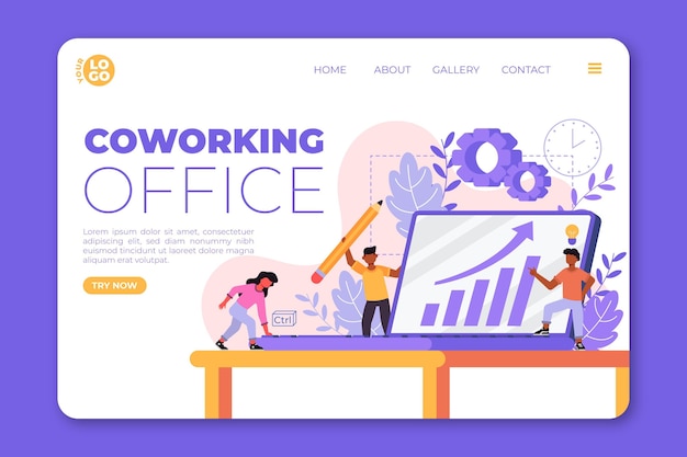 Oficina de coworking de página de destino dibujada a mano plana