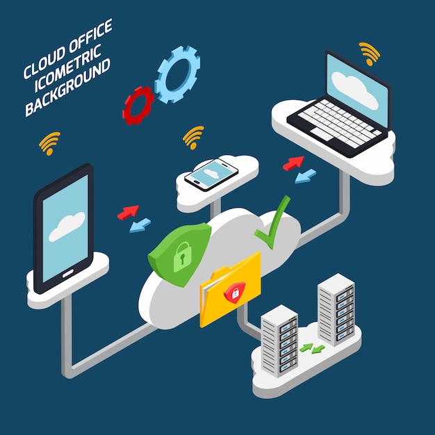 Oficina en la nube y tecnología isométrica