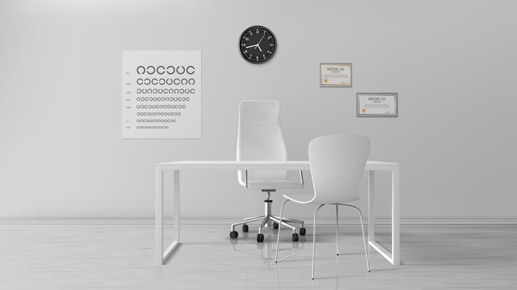Vector gratuito oficina oculista, interior del gabinete del optometrista vacío